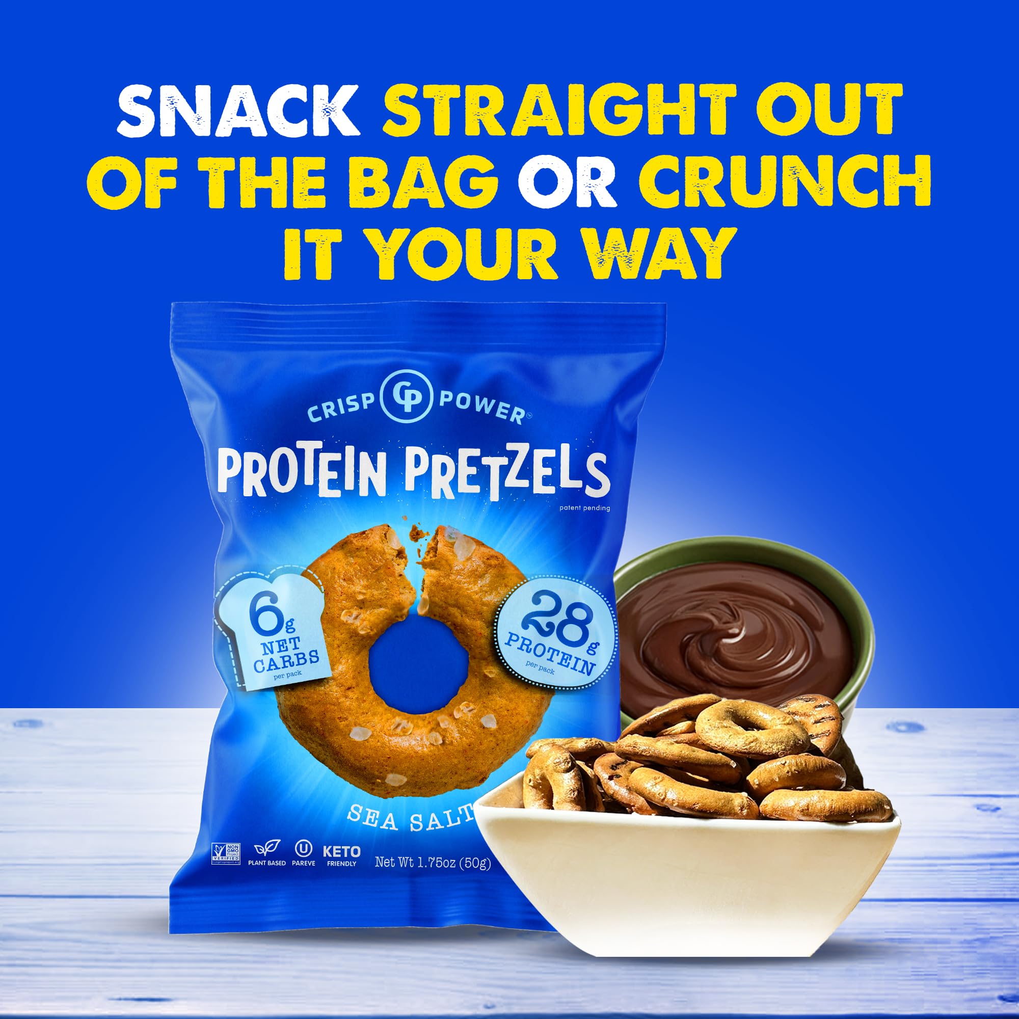 CRISP POWER Protein Pretzels being grabbed as an on-the-go snack
