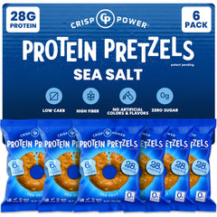 CRISP POWER Protein Pretzels sea salt bag showing bold crunch and nutrition details