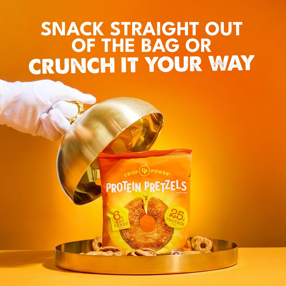 CRISP POWER serving suggestion image featuring pretzels with yogurt and fruit
