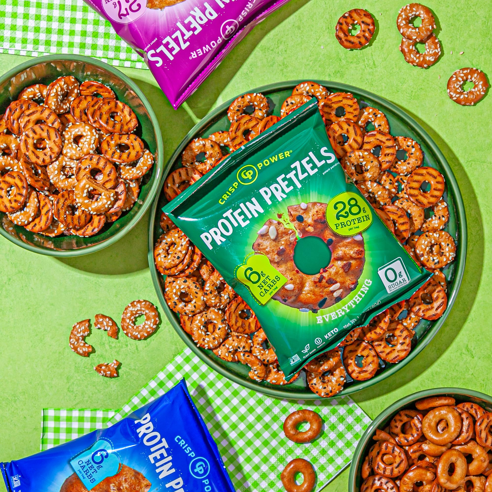 CRISP POWER Protein Pretzels Variety Pack Display showing three flavors