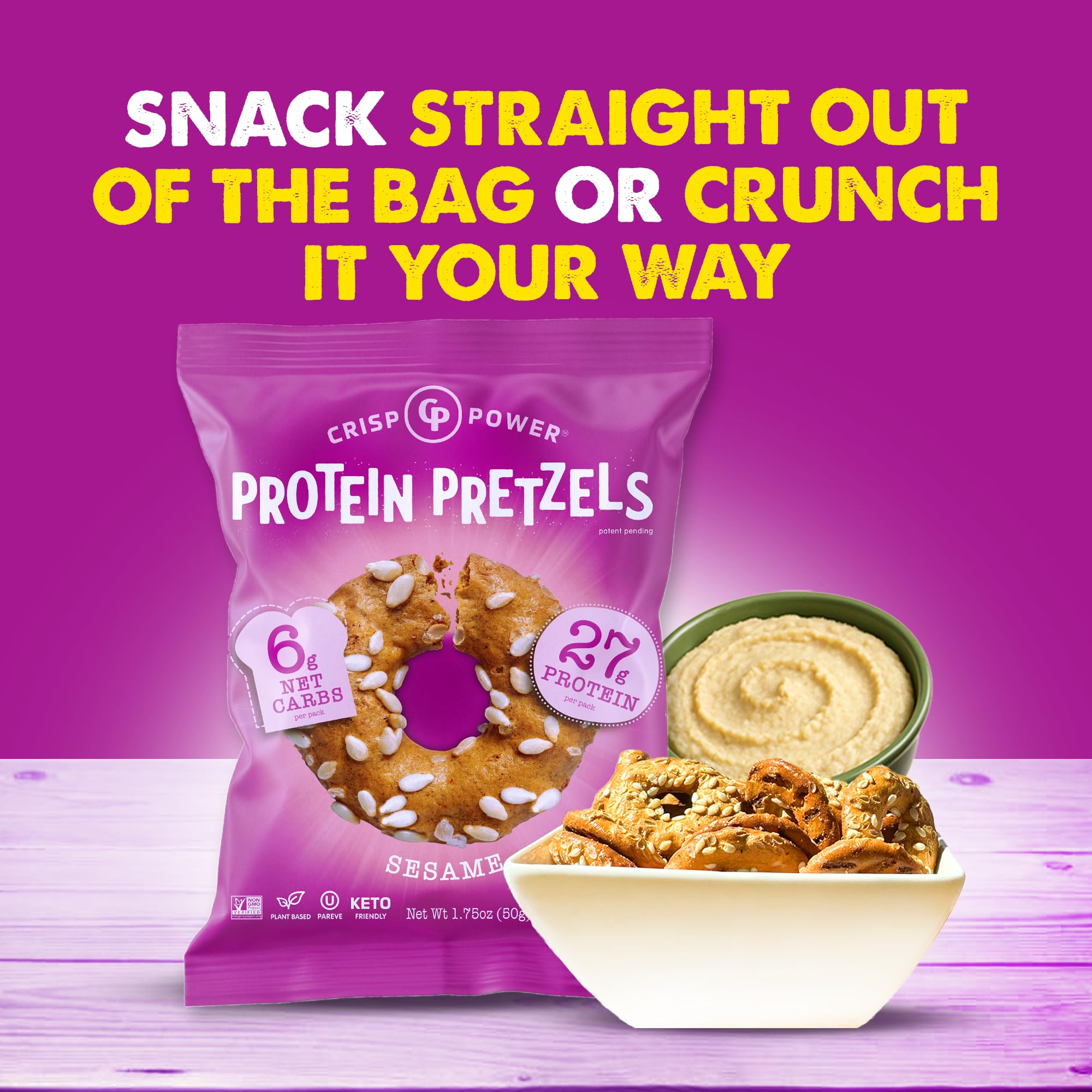 CRISP POWER Protein Pretzels Vegan Keto Pack for plant-based snacking