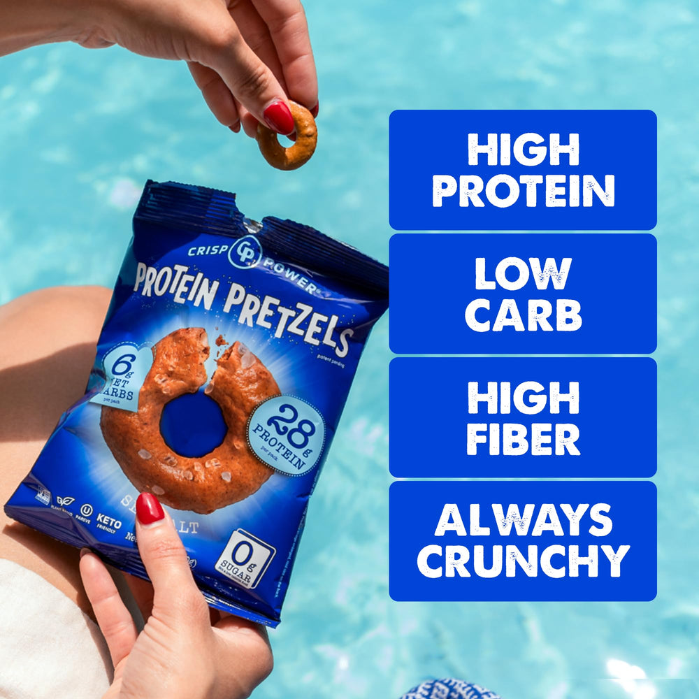 Vegan symbol featured on CRISP POWER Protein Pretzels bag