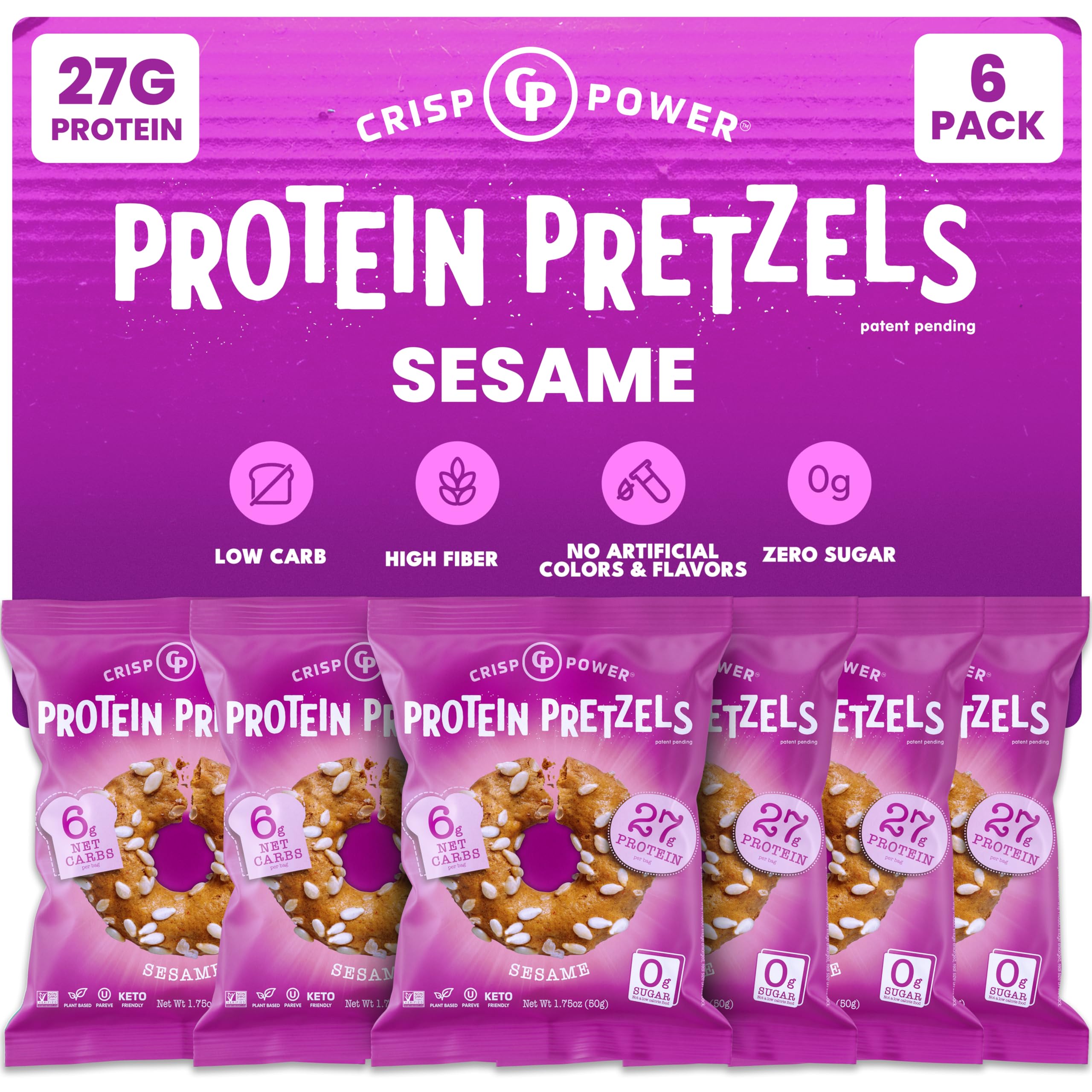 CRISP POWER Sesame Protein Pretzels bag showing crunchy protein snack
