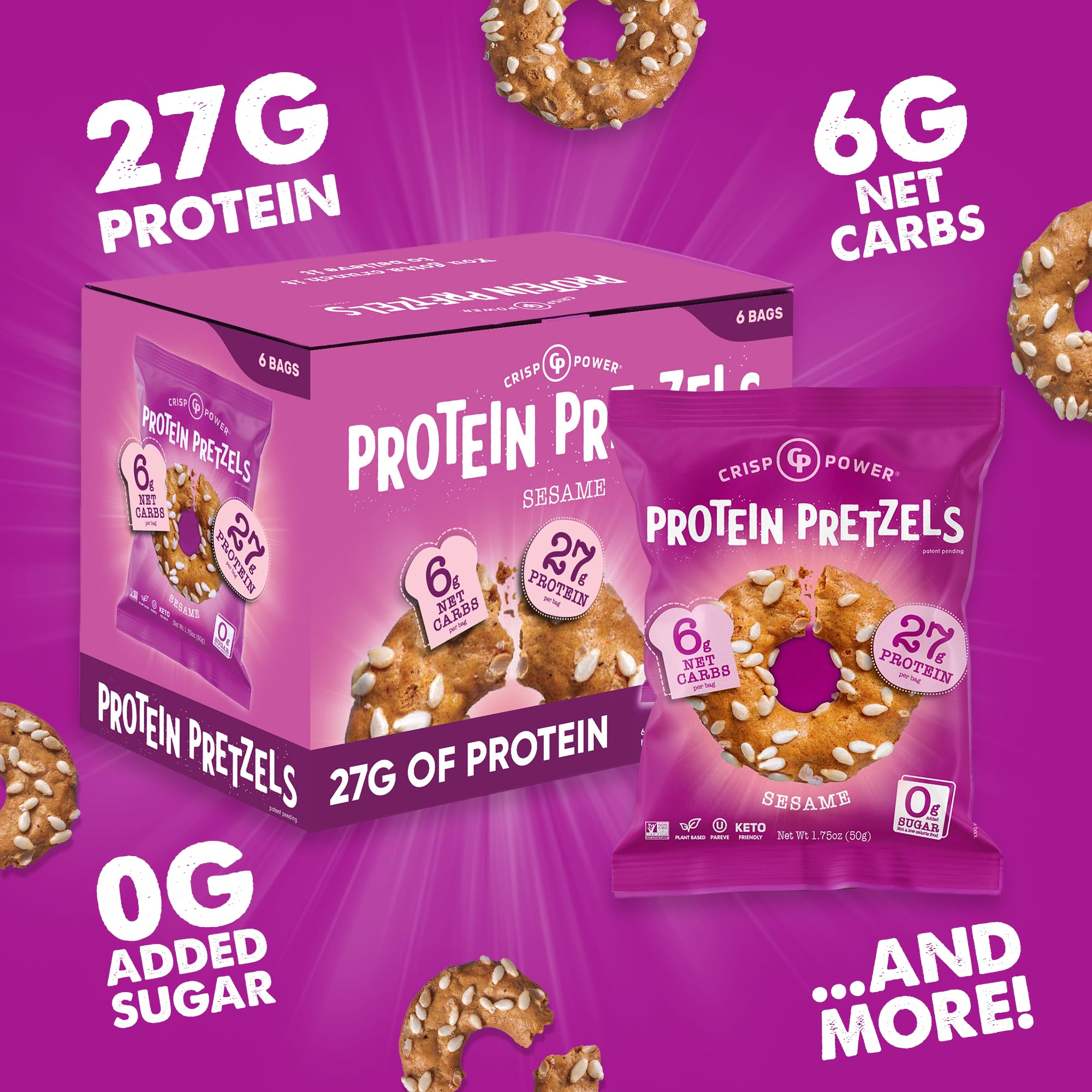 CRISP POWER Sesame Protein Pretzels nutrition label highlights protein and fiber