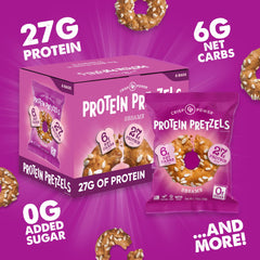 CRISP POWER Sesame Protein Pretzels nutrition label highlights protein and fiber