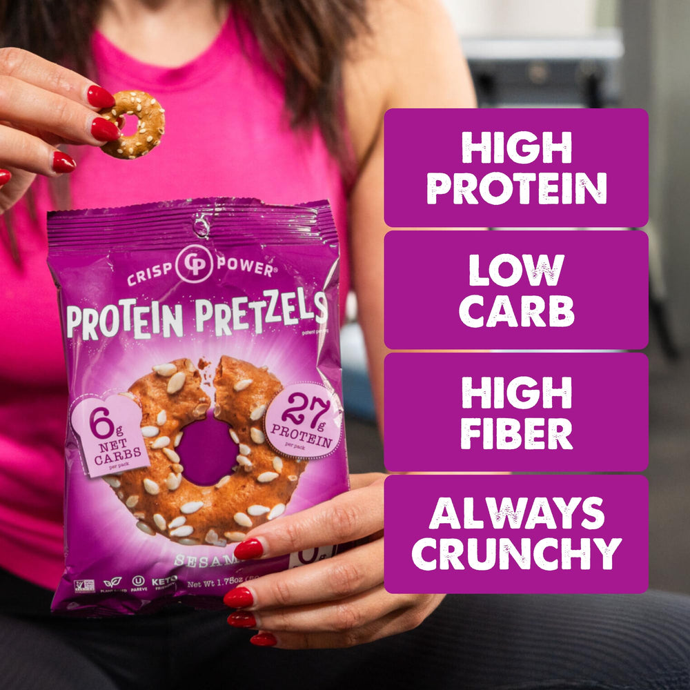 CRISP POWER Sesame Protein Pretzels on plate ready to share