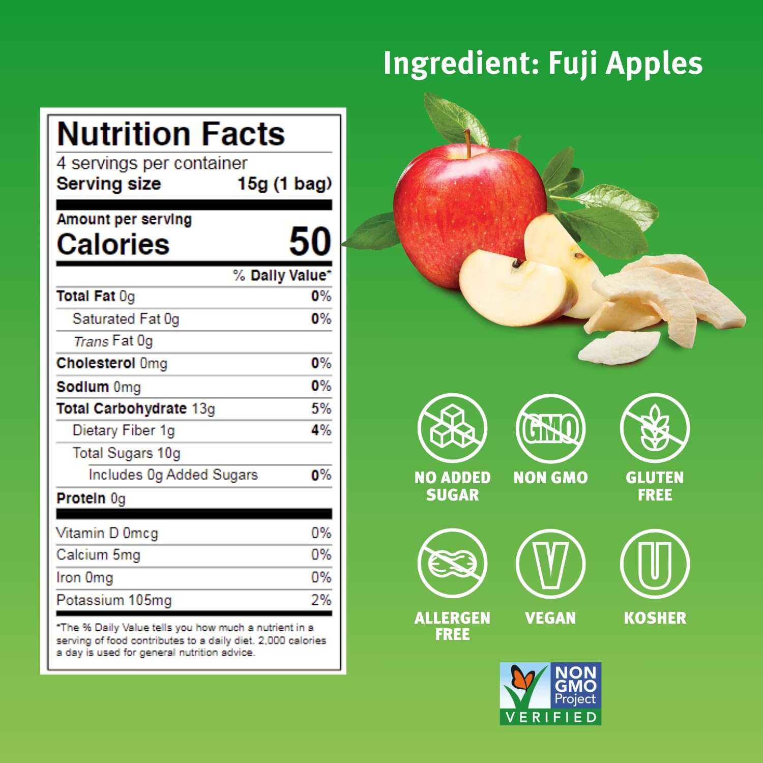 Crispy Green apple slices in a crisp bag highlighting natural crunch with no added sugar.