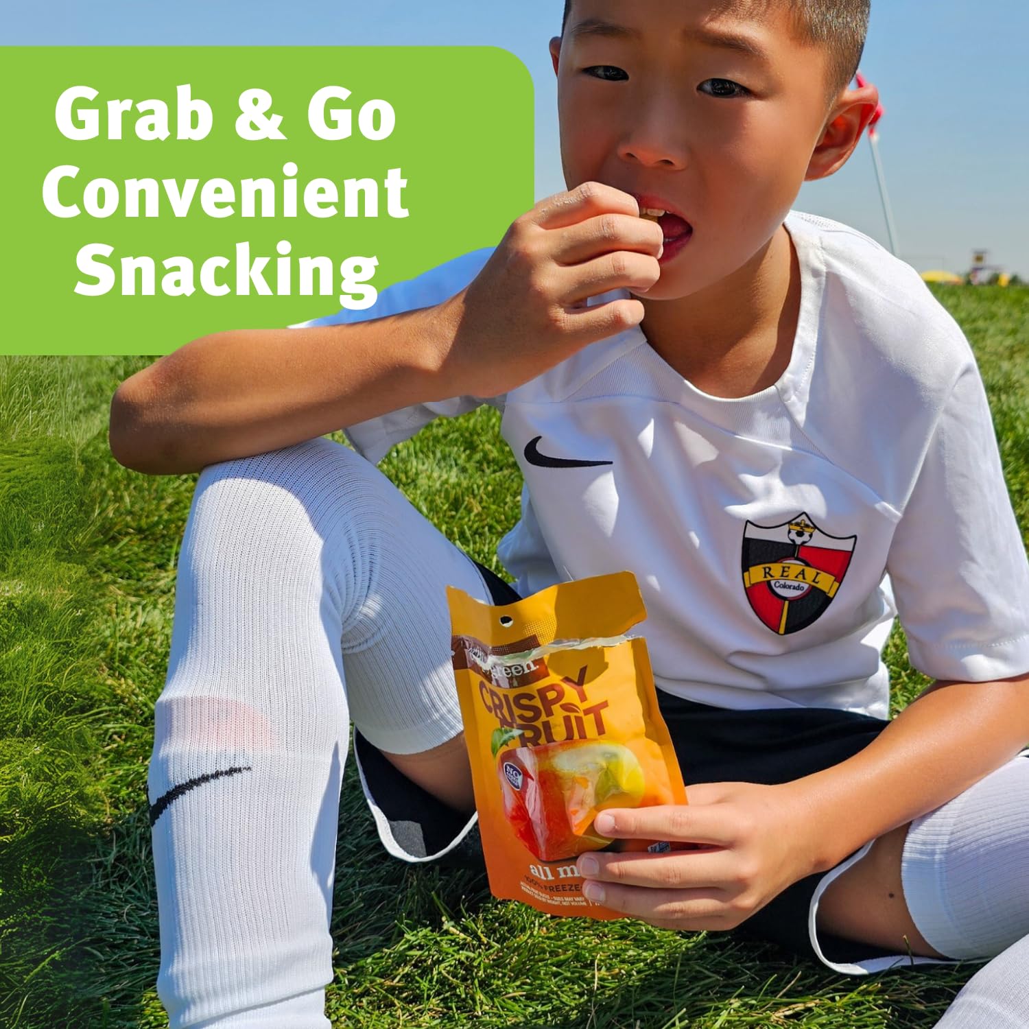 Crispy Green freeze-dried mango snack highlighting crisp texture as a topping for cereals.