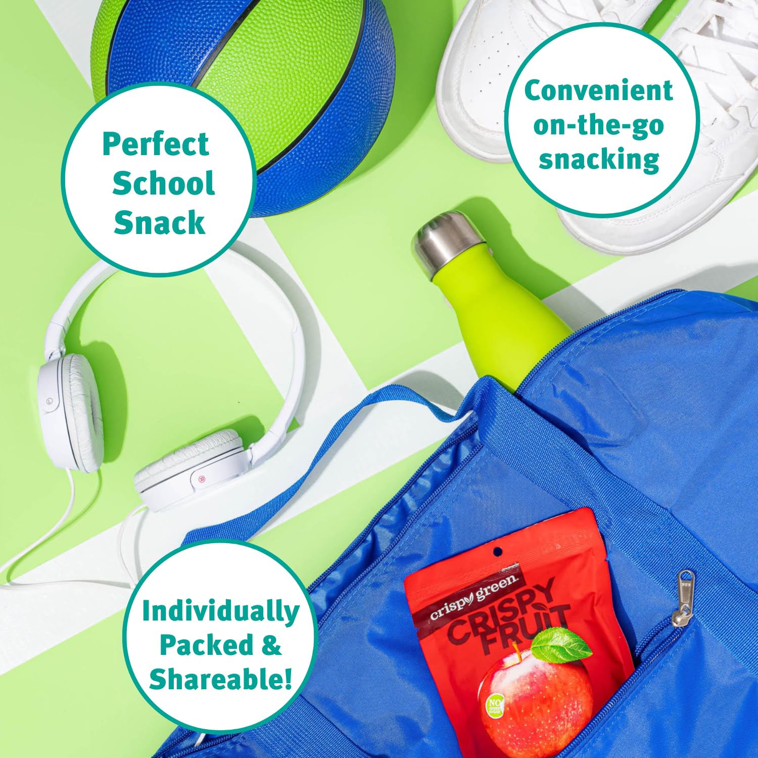 Crispy Green on-the-go snack bag ready for school lunches.