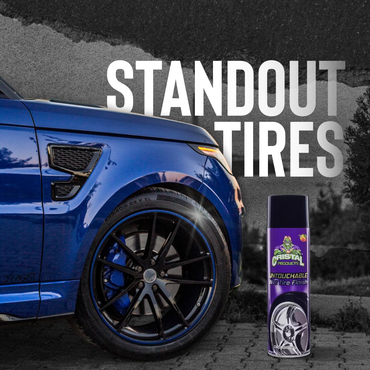 Cristal Products Untouchable Tire Finish showcases showroom-gloss results in photos.