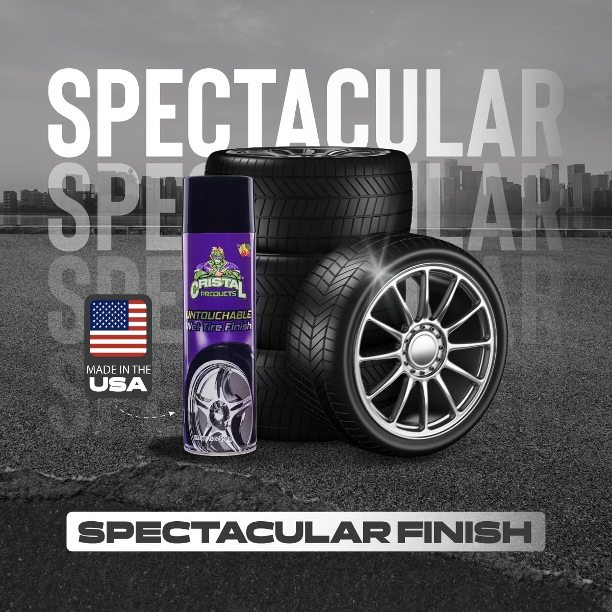 Cristal Products Untouchable Tire Finish delivers glossy shine after rain exposure.