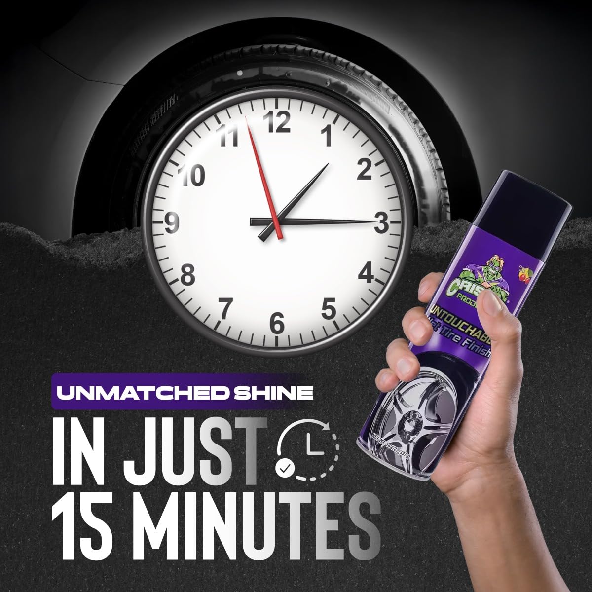 Cristal Products Untouchable Tire Finish spray demonstrates smooth dispersion for even coverage.
