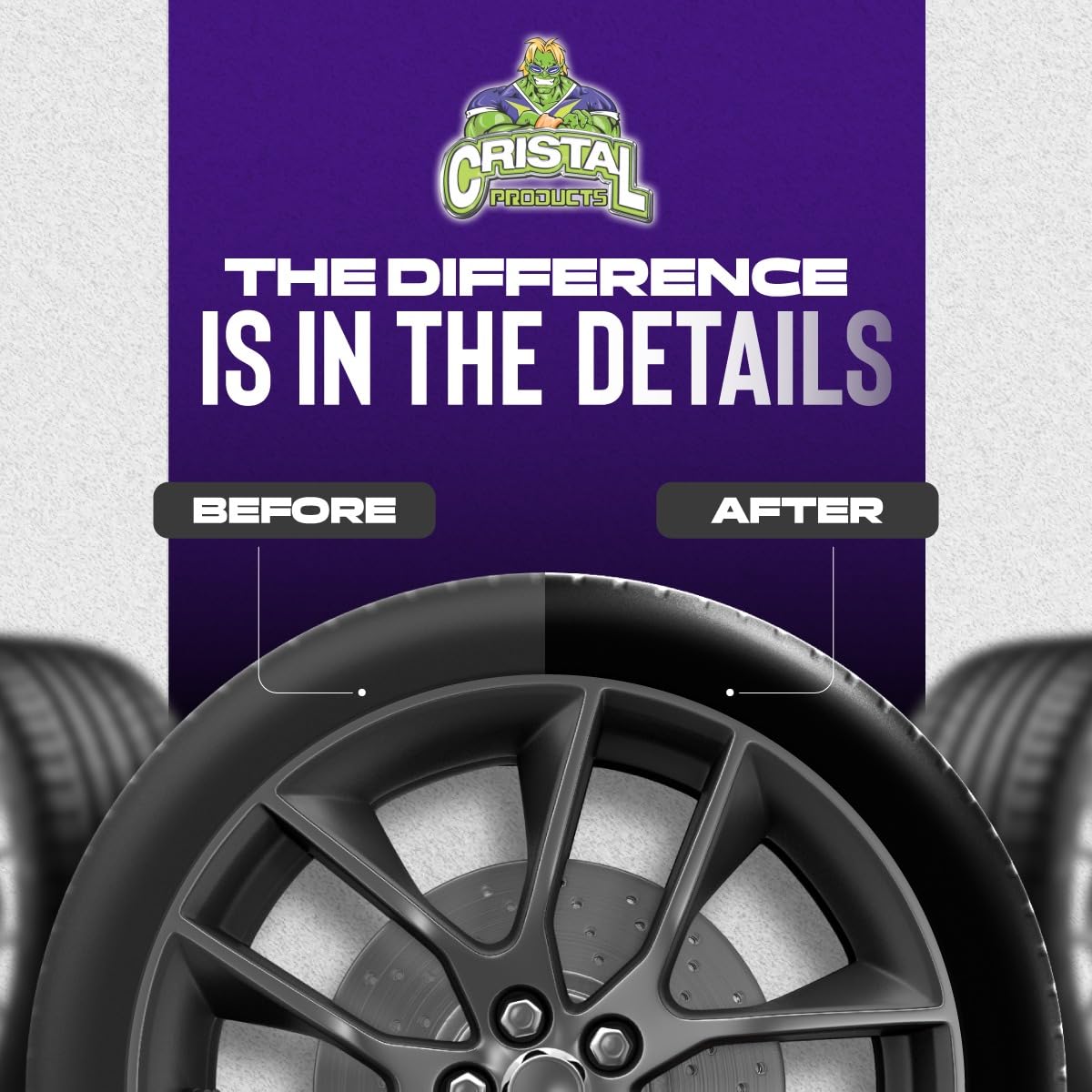 The tire shine provides weatherproof gloss for sun and rain protection.