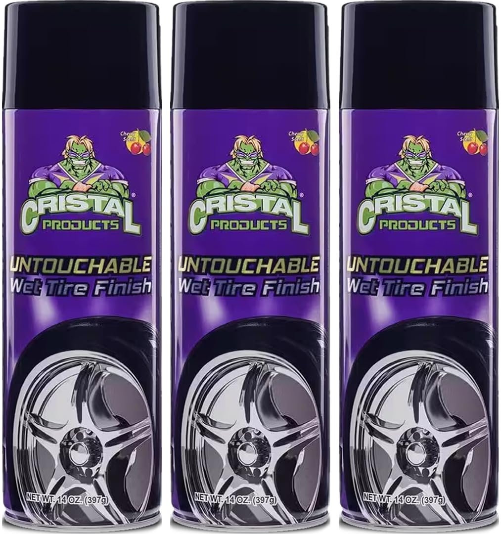 Cristal Products Untouchable Tire Finish spray delivers a deep wet look on tires.