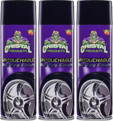 Cristal Products Untouchable Tire Finish spray delivers a deep wet look on tires.