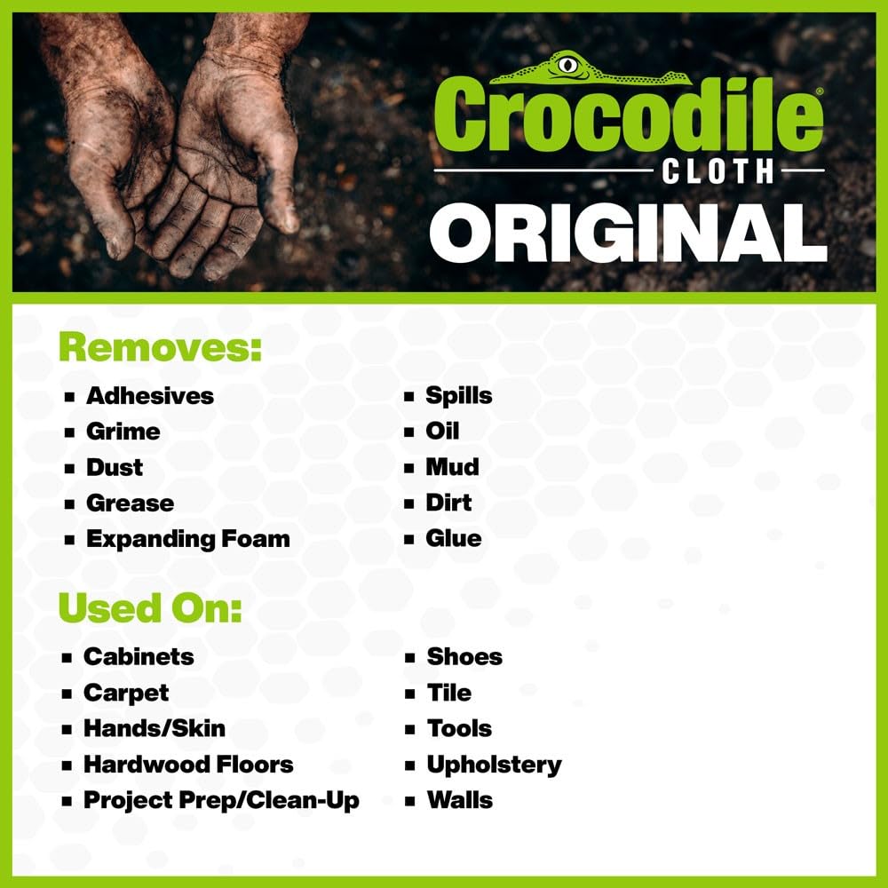 Crocodile Cloth hand-safe formula with aloe and vitamin E for comfortable use.