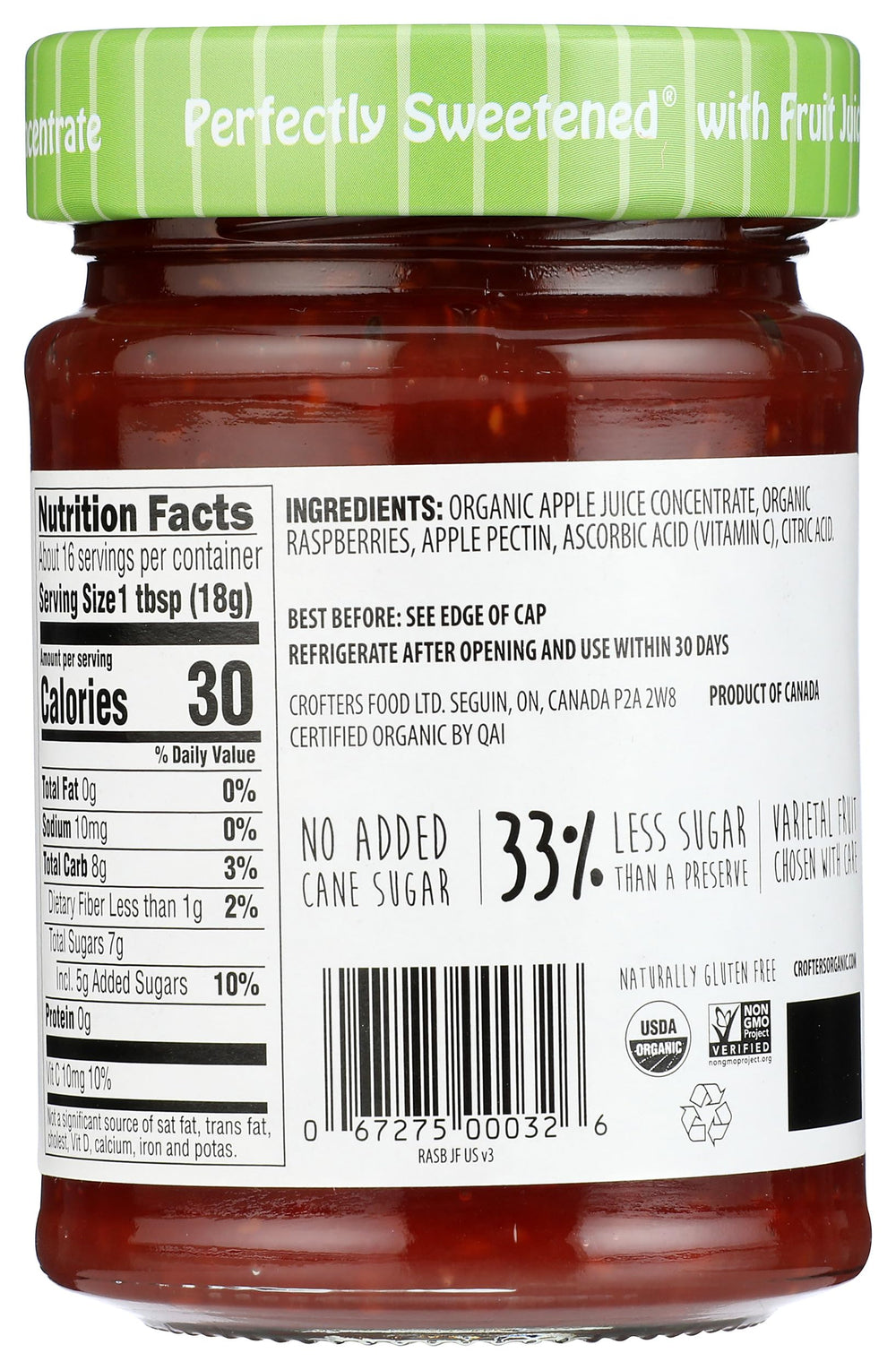 Crofter's Raspberry Spread jar back label highlighting organic and Non-GMO