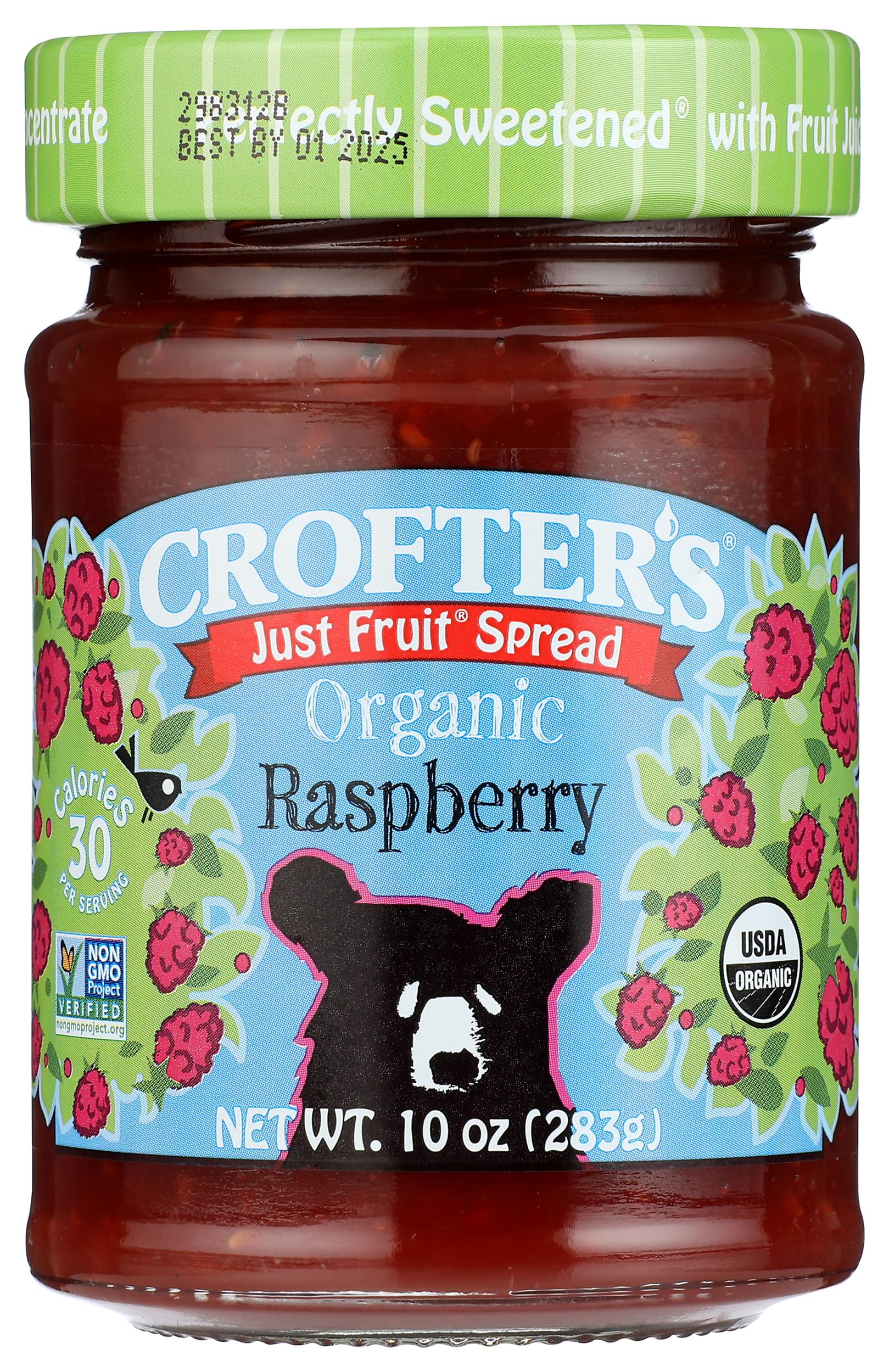 Crofter's Organic Raspberry Spread jar front showing vibrant dark red color