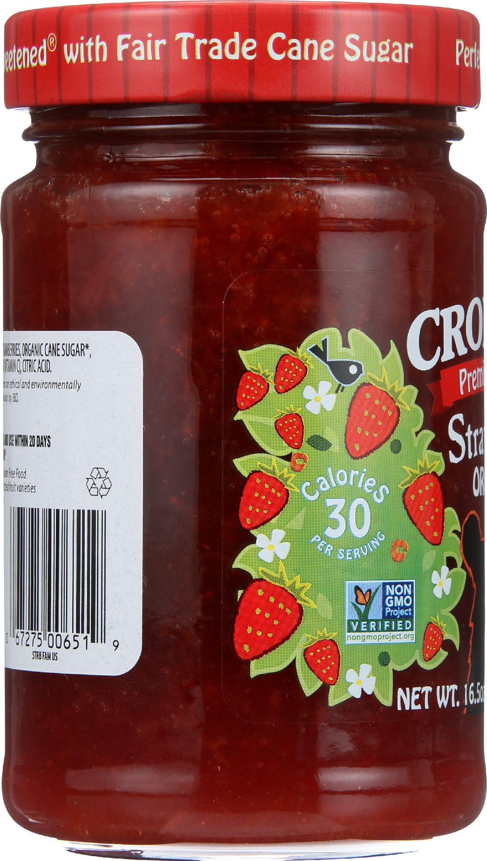 Crofter's Organic Strawberry Spread ingredients jar featuring organic strawberries and cane sugar.