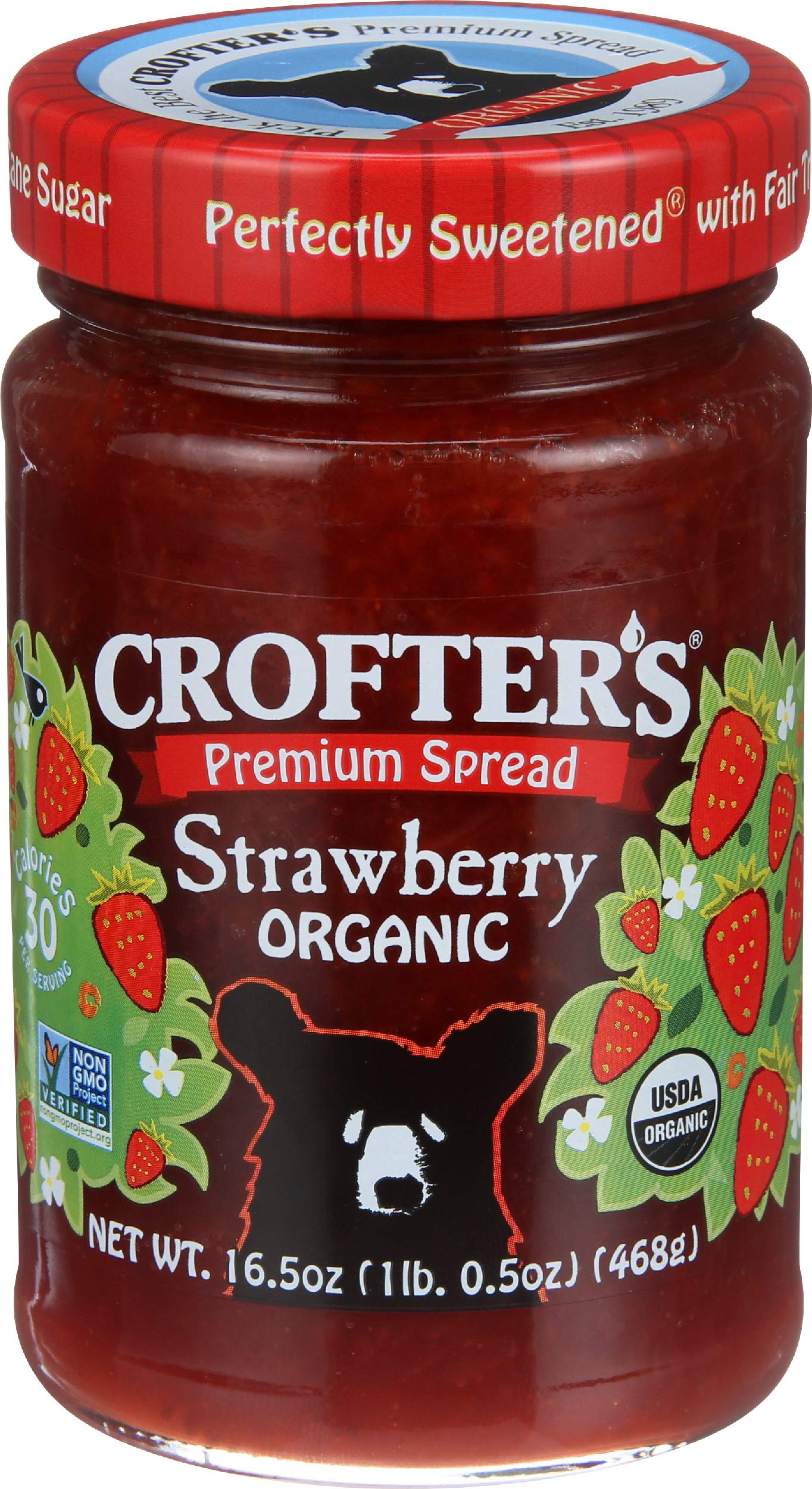 Crofter's Organic Strawberry Spread jar front view, vibrant color for a fresh breakfast.