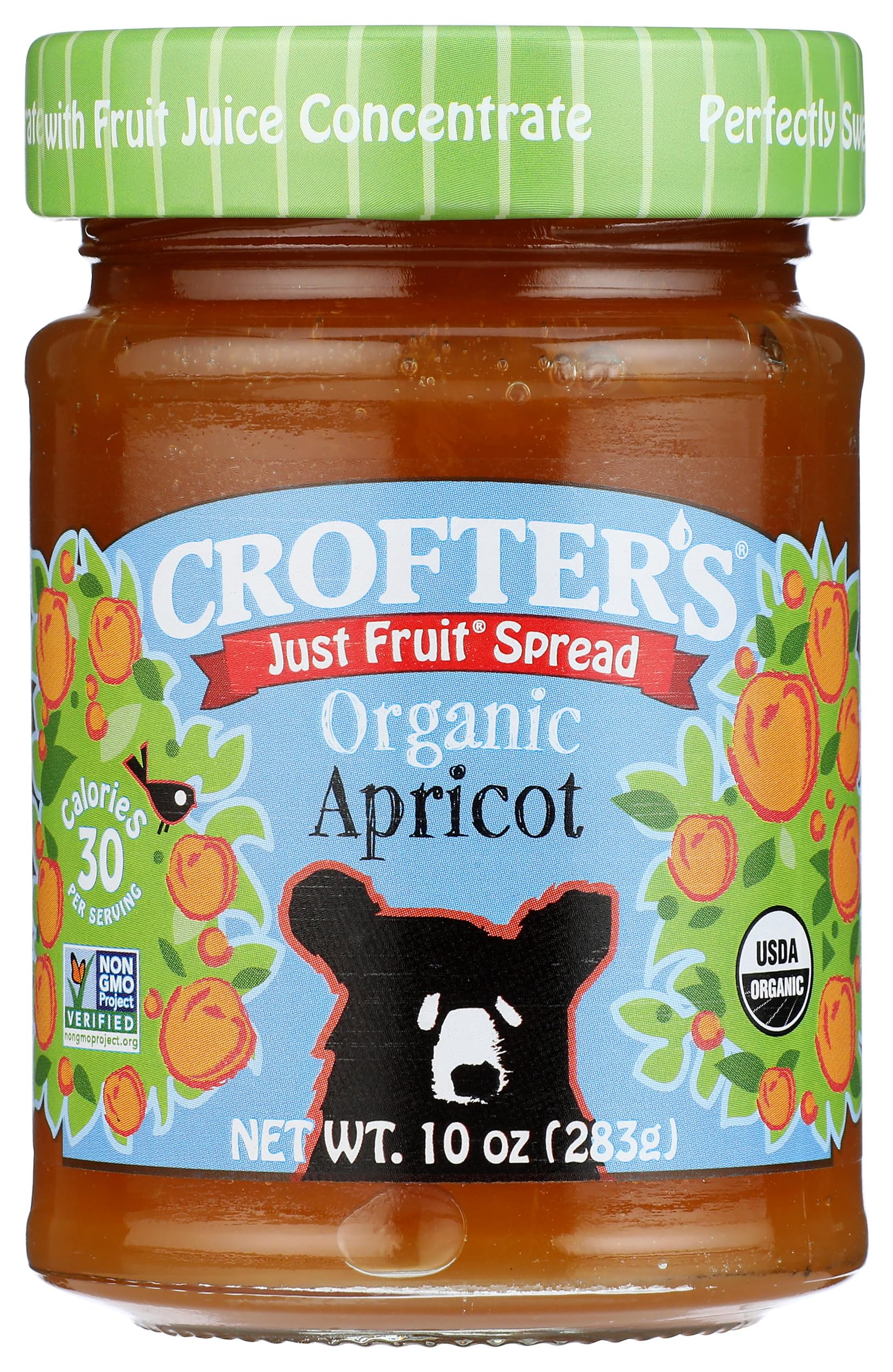 Crofters Organic Apricot Just Fruit Spread jar displays 100% fruit flavor ideal for toast