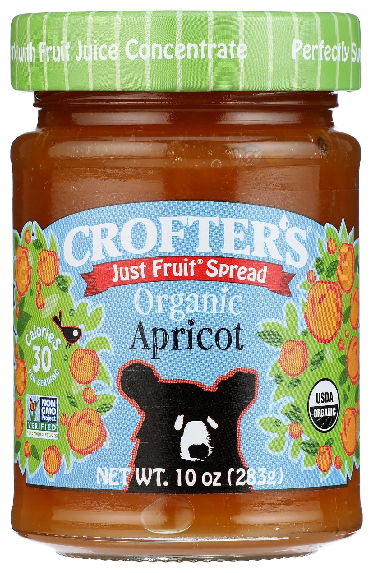 Crofters Organic Apricot Just Fruit Spread jar displays 100% fruit flavor ideal for toast