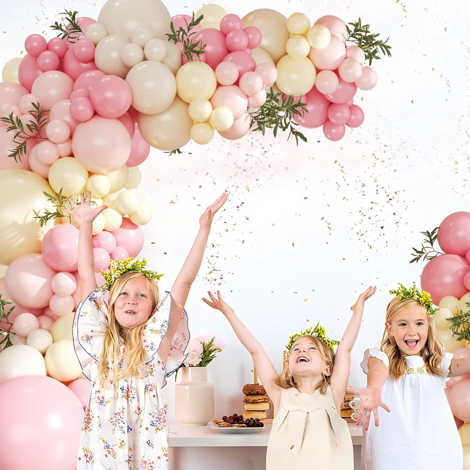 Crossfingers sand white balloons provide a neutral base tone.