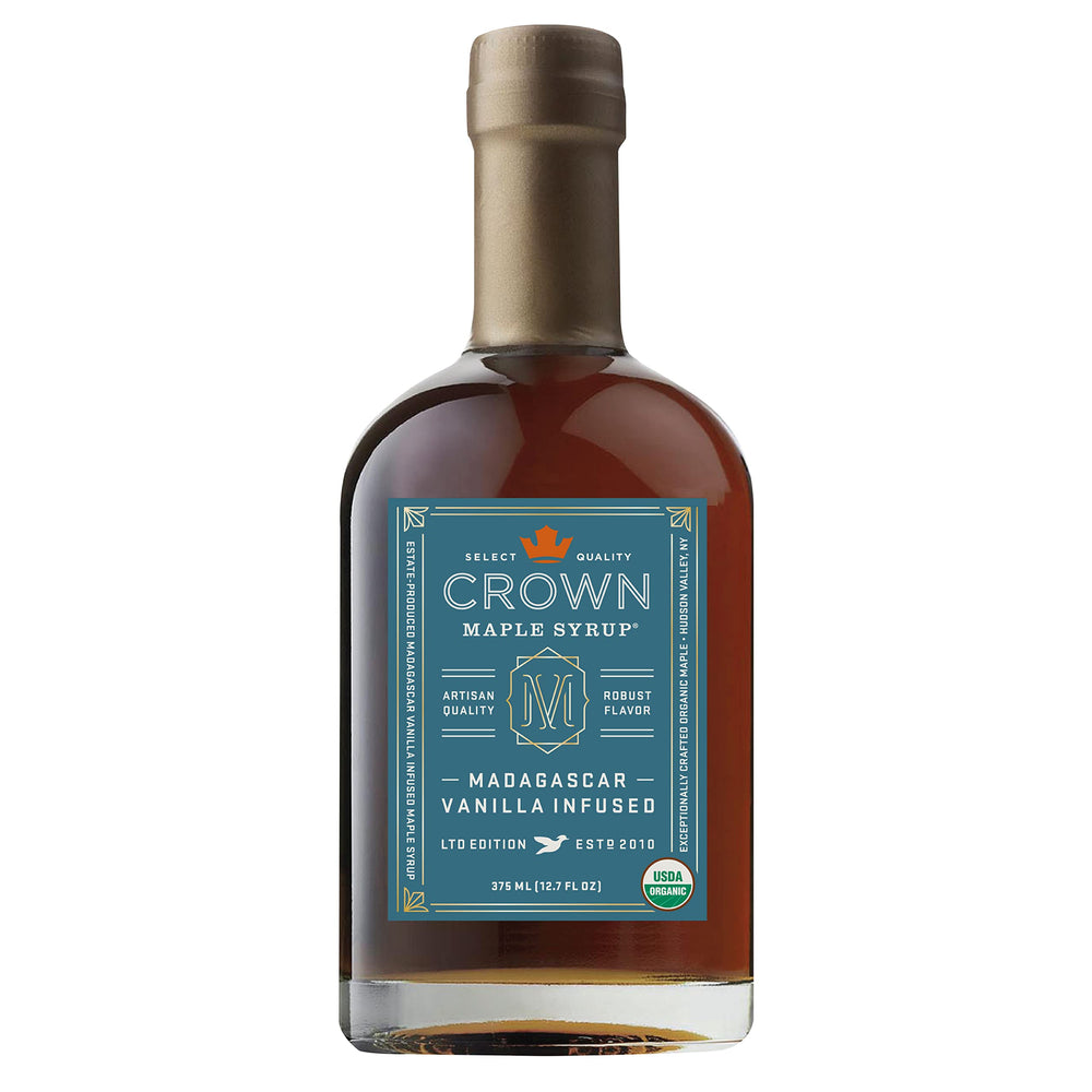 Crown Maple Madagascar Vanilla-infused syrup bottle highlights premium flavor for breakfast and baking.