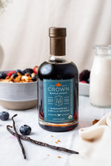 Crown Maple Madagascar Vanilla-infused syrup closeup label emphasizes organic, kosher quality and flavor.