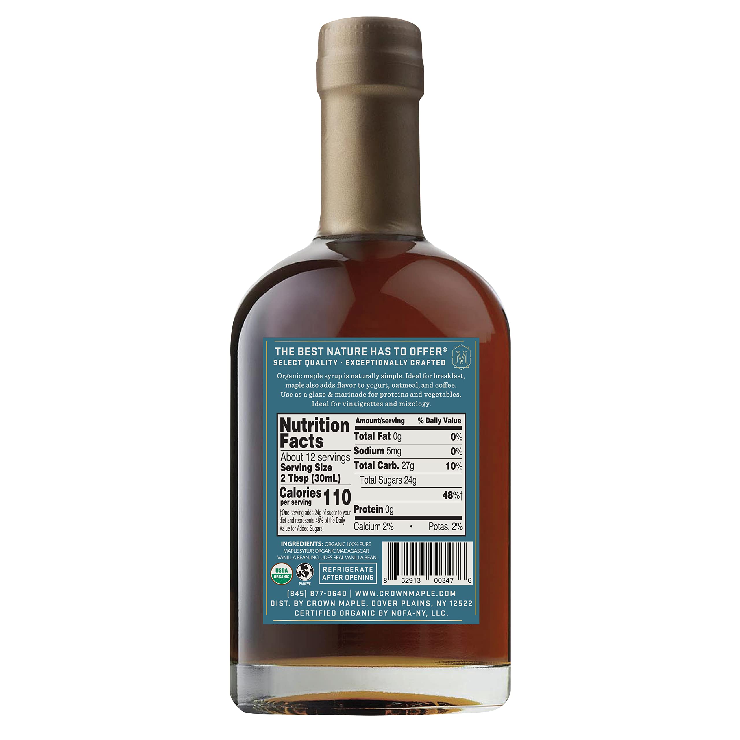 Crown Maple vanilla-infused syrup pouring glass shows aroma and drizzle perfect for pancakes and cocktails.
