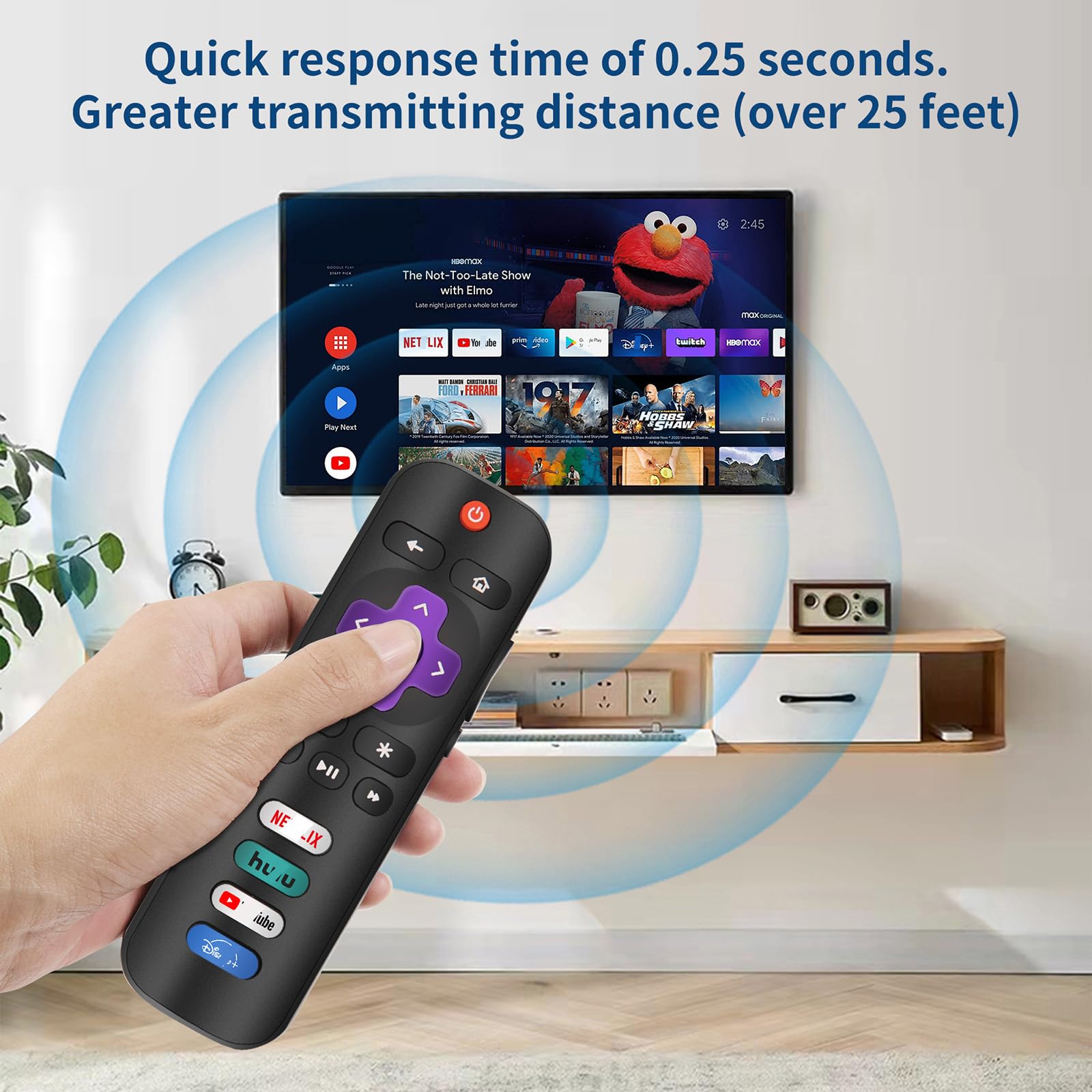 CrsaSwivo remote in use with Roku TV, auto-pairing for instant setup.