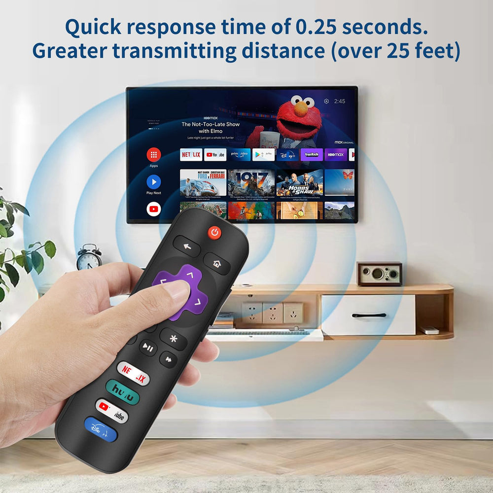 CrsaSwivo remote in use with Roku TV, auto-pairing for instant setup.