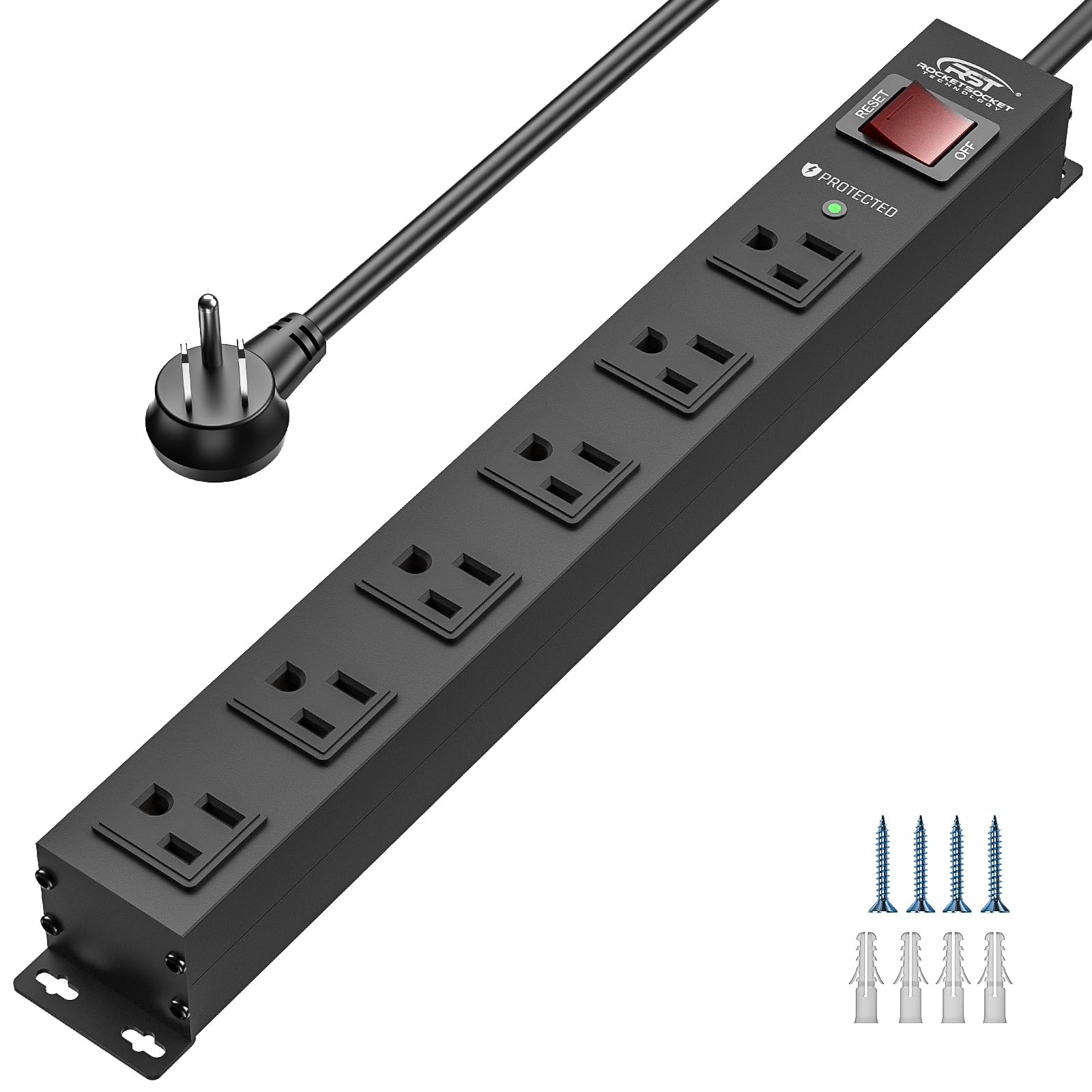 CRST metal-housing 6-outlet power strip for rugged garage use.