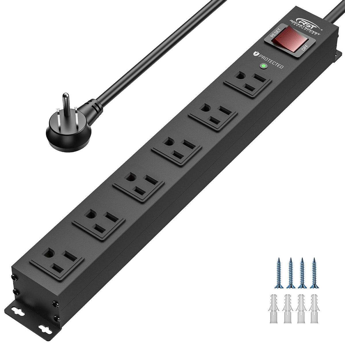 CRST metal-housing 6-outlet power strip for rugged garage use.