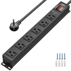 CRST metal-housing 6-outlet power strip for rugged garage use.