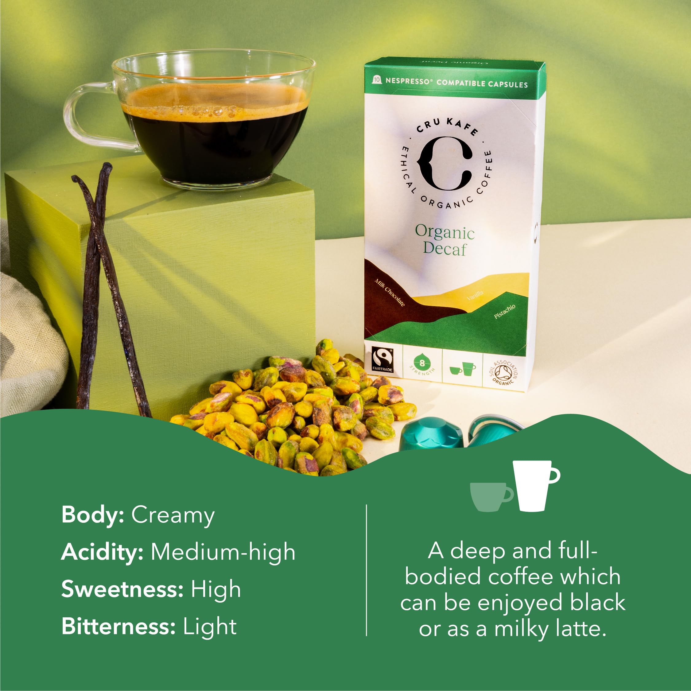 Cru Kafe decaf espresso capsules close-up highlighting smooth texture and aroma.