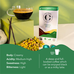 Cru Kafe decaf espresso capsules close-up highlighting smooth texture and aroma.