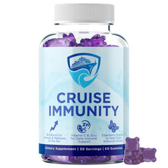 CRUISE IMMUNITY bottle front showing berry gummies for travel immune support