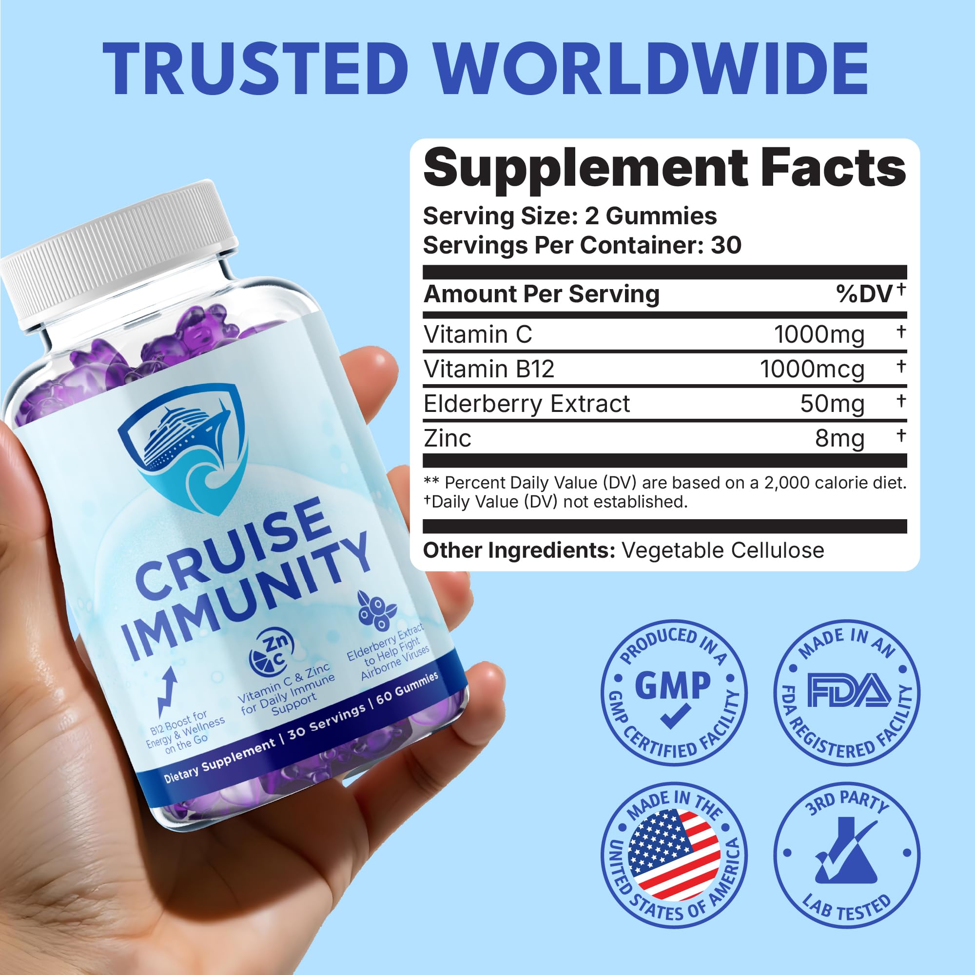 CRUISE IMMUNITY gummies in berry flavor for cruise-friendly wellness