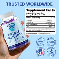 CRUISE IMMUNITY gummies in berry flavor for cruise-friendly wellness