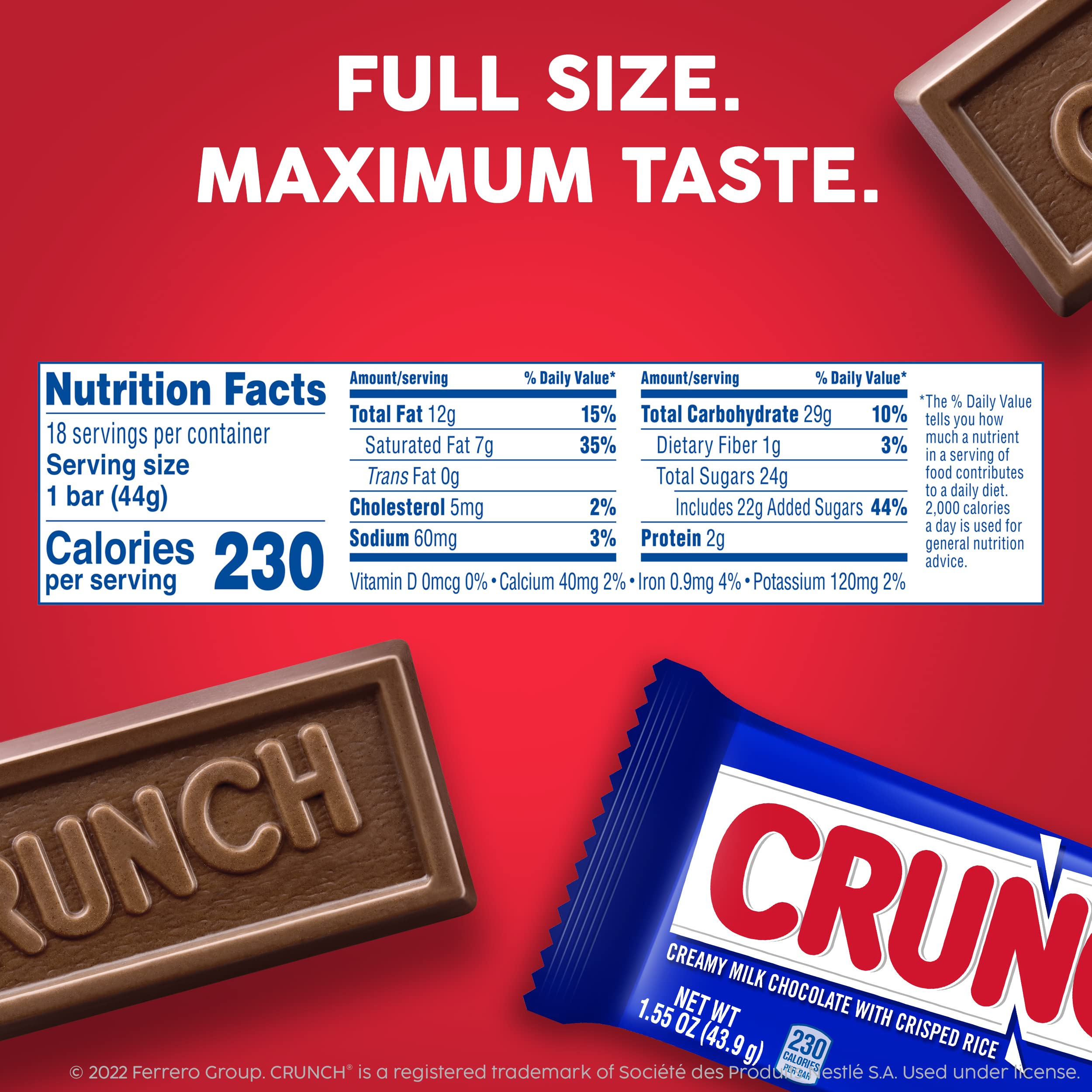 Crunch full-size bar close-up shows milk chocolate and crisped rice for a satisfying crunch.