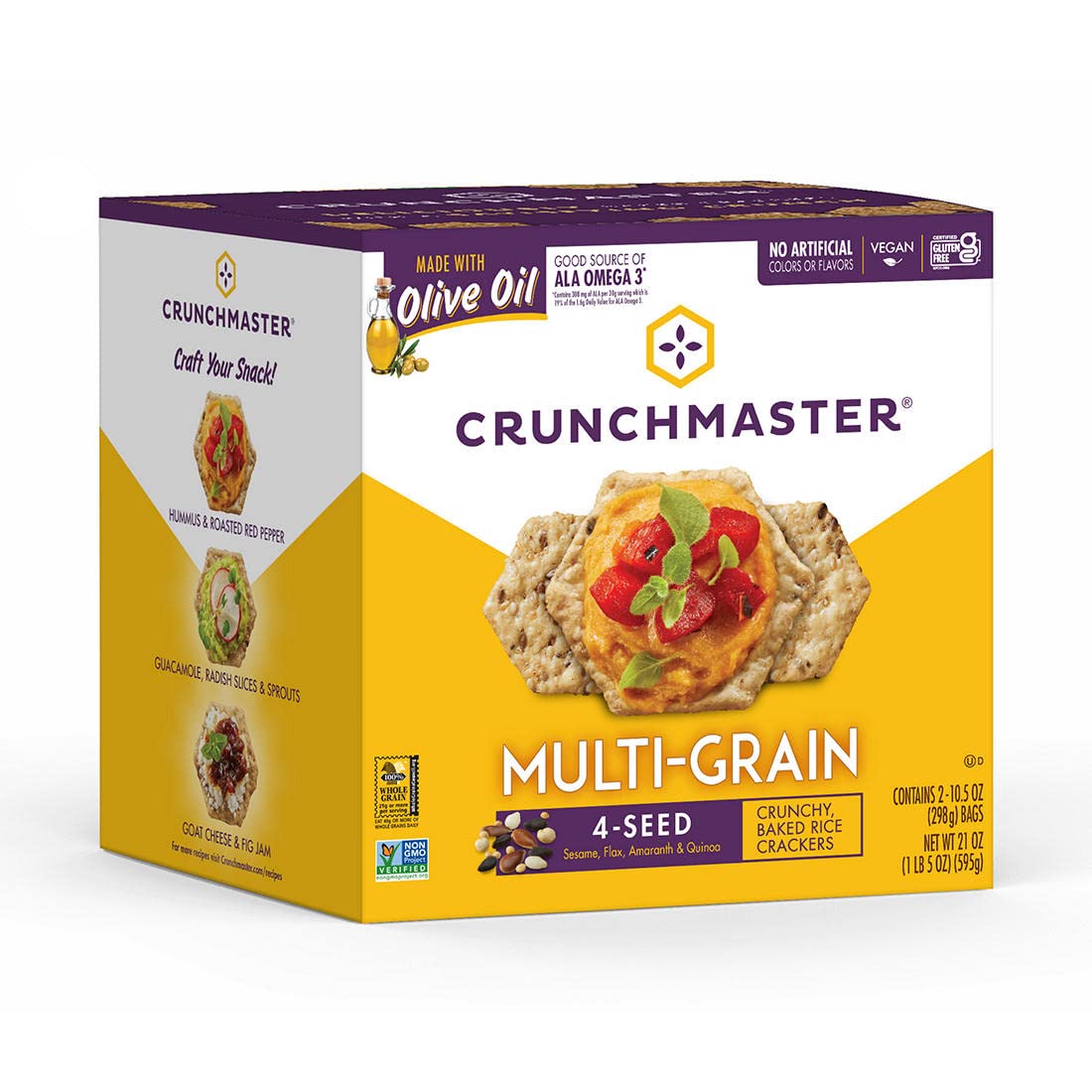 Closeup of wafer-thin Crunchmaster crackers, gluten-free option