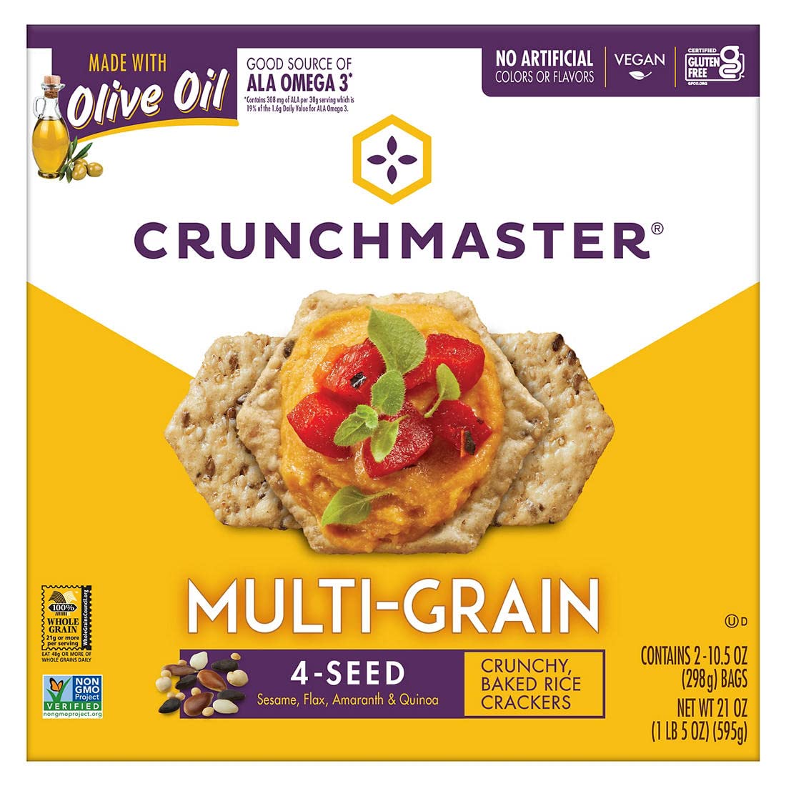 Crunchmaster multigrain cracker pack front shows gluten-free option