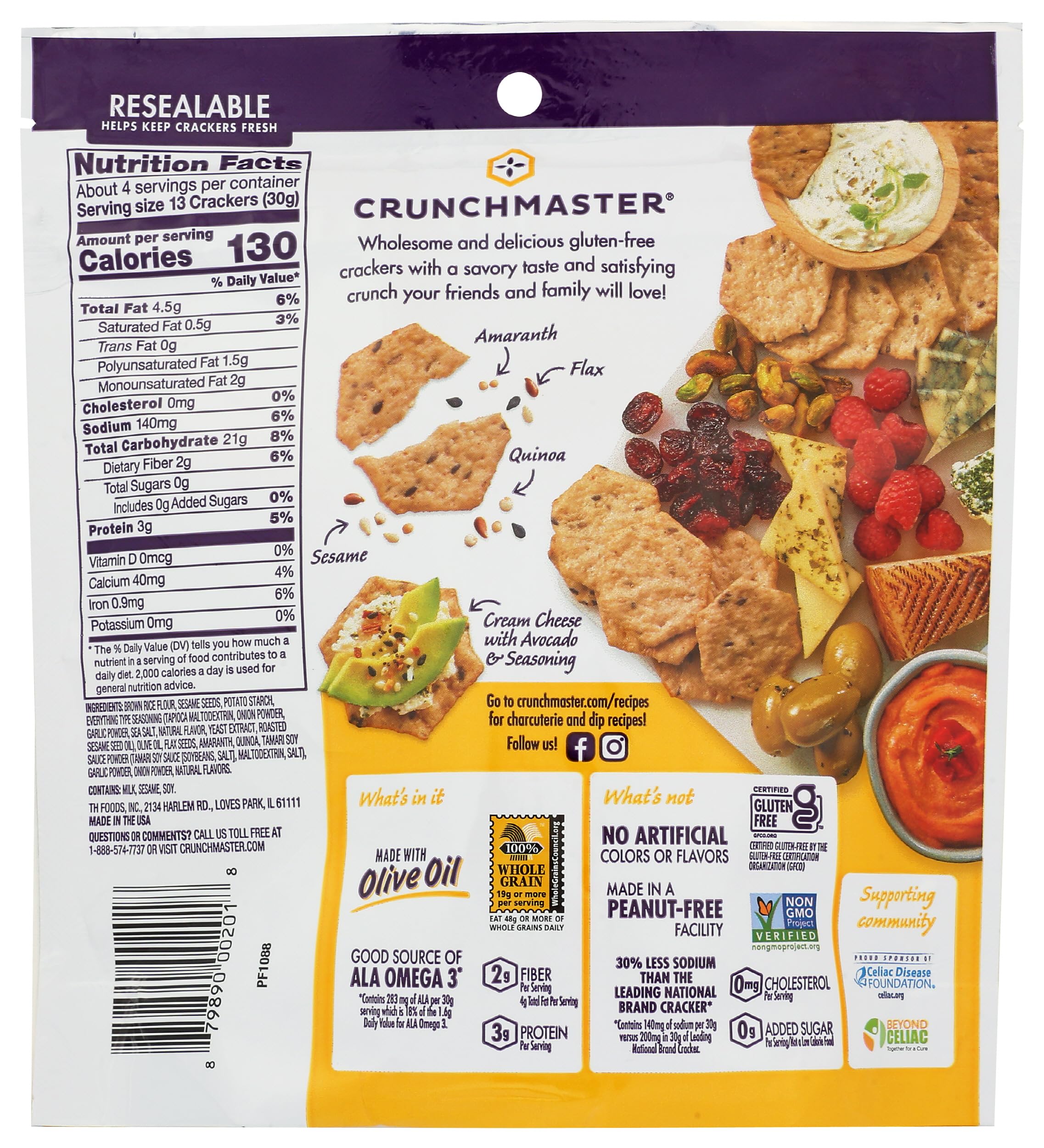 Crunchmaster Multi-Seed Crackers Ultimate Everything, gluten-free and high in whole grain, snack-ready.