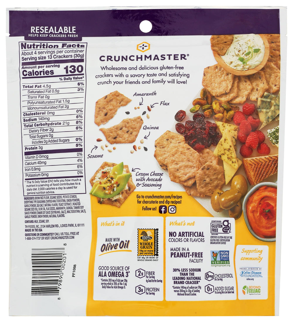 Crunchmaster Multi-Seed Crackers Ultimate Everything, gluten-free and high in whole grain, snack-ready.