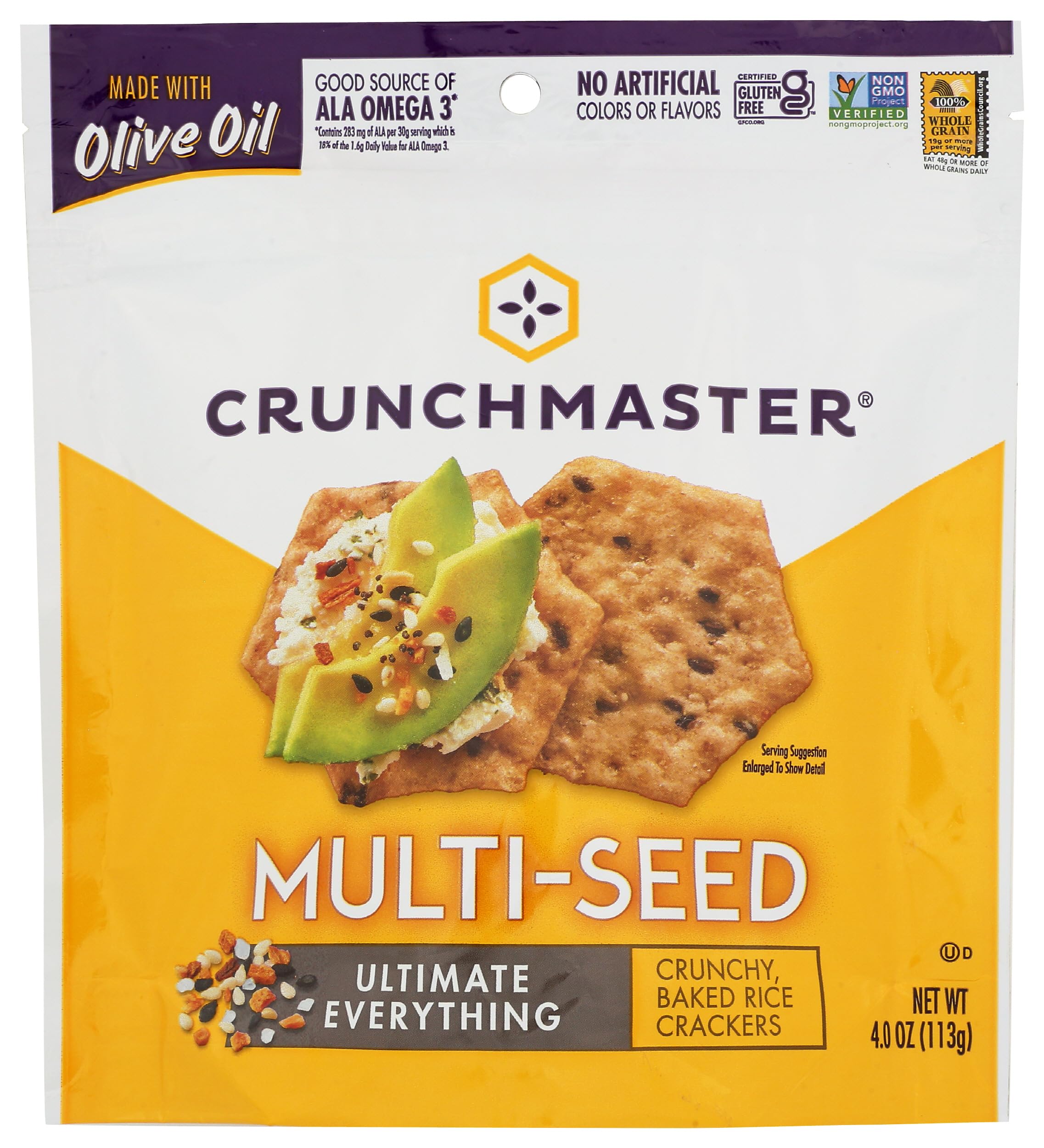Crunchmaster Multi-Seed Crackers Ultimate Everything, roasted garlic and onion flavor, ideal with cheese.