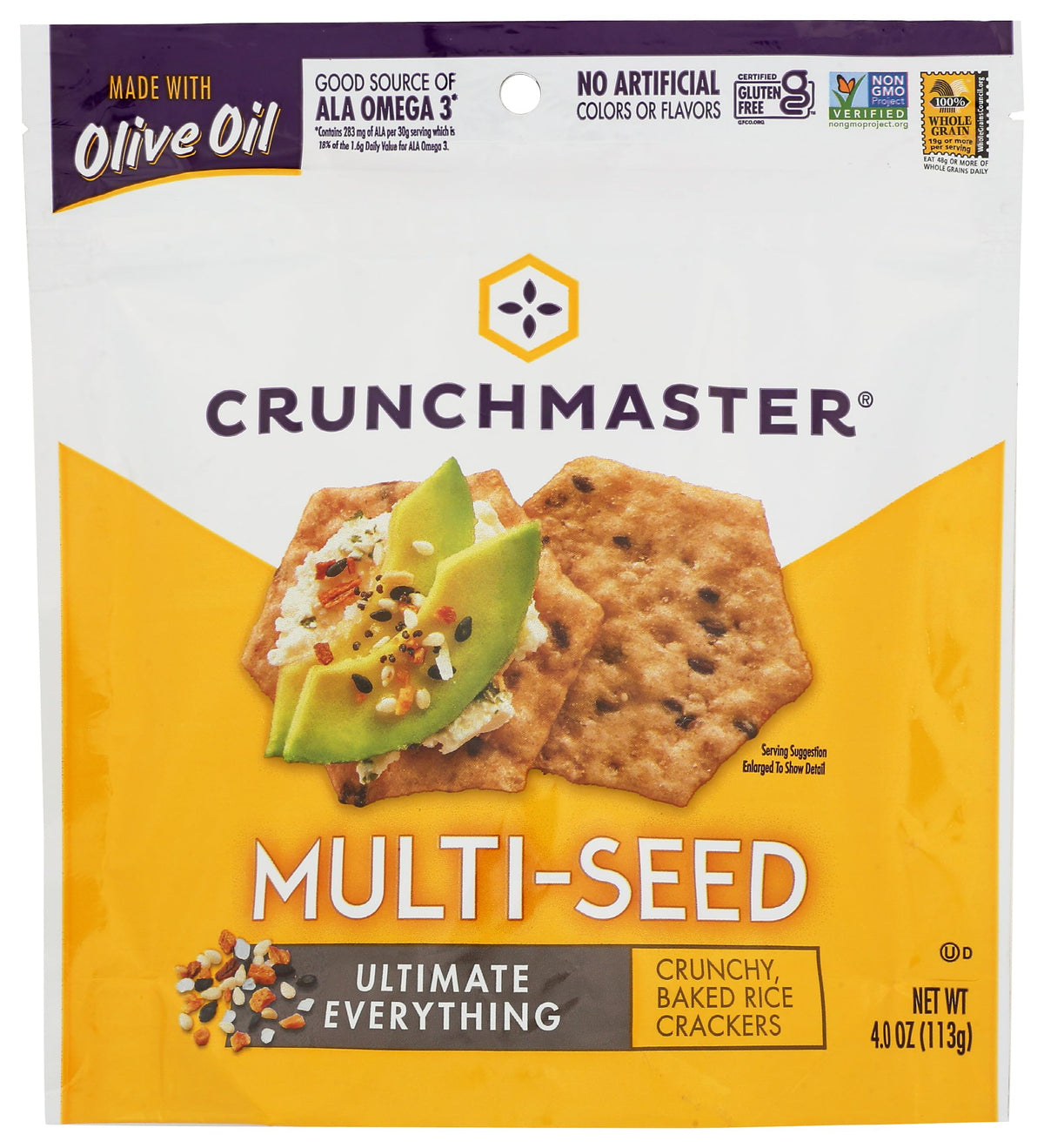 Crunchmaster Multi-Seed Crackers Ultimate Everything, roasted garlic and onion flavor, ideal with cheese.
