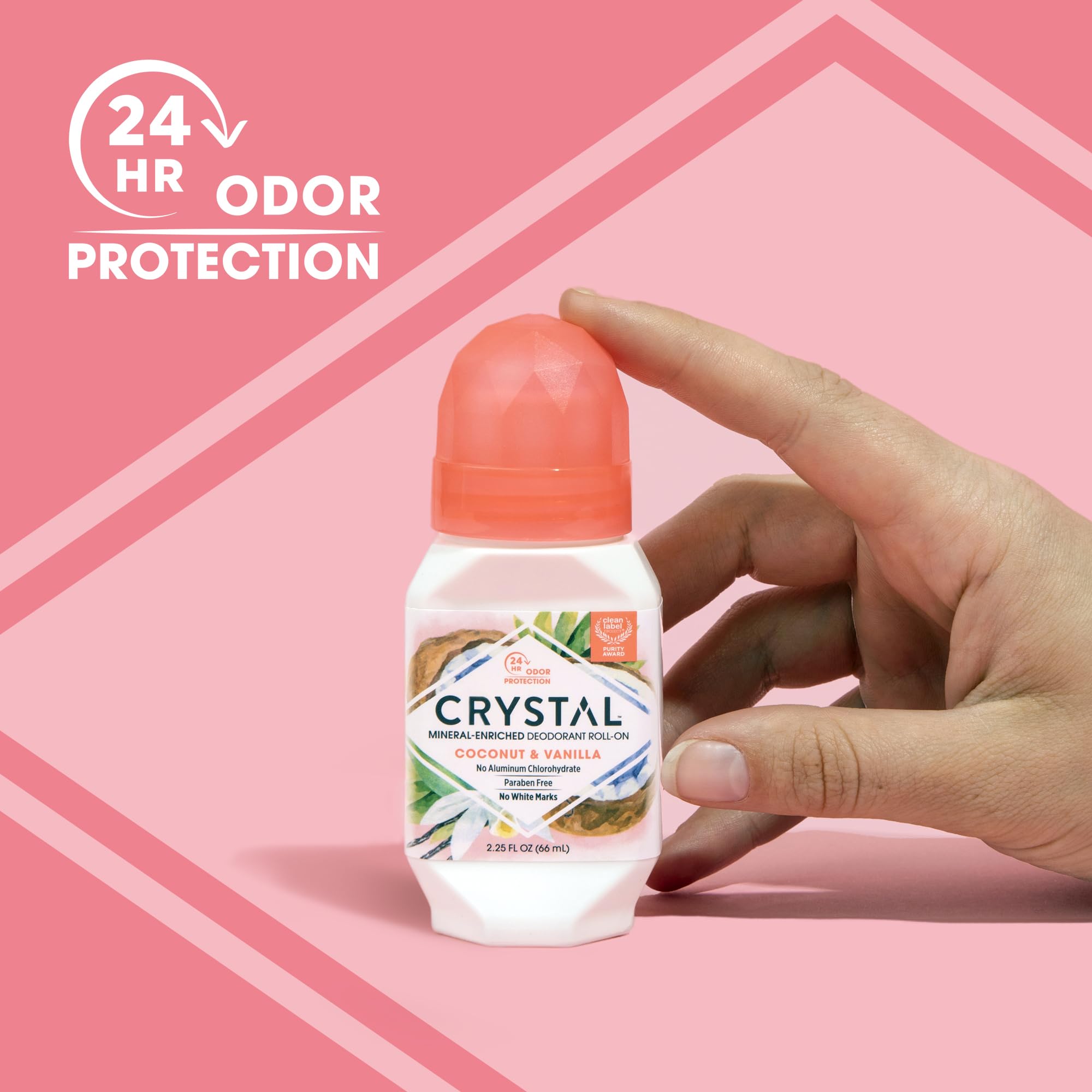 Crystal Essence roll-on application stroke demonstrates smooth, quick-drying use.