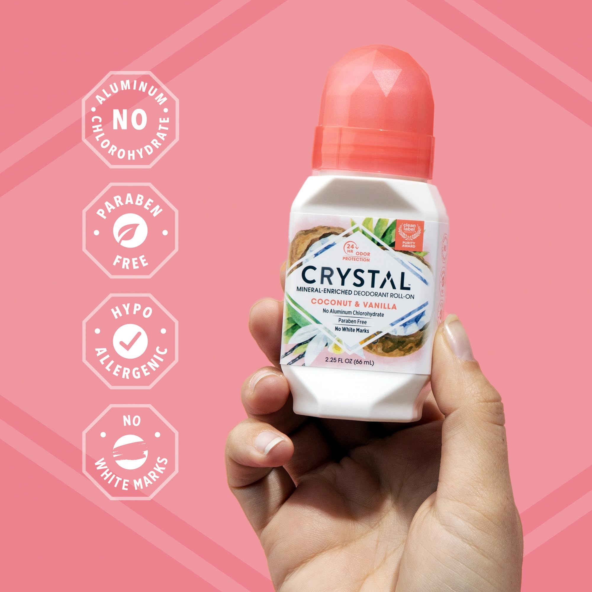 Crystal Essence roll-on packaging shows a neat trio bottle setup for easy shopping.