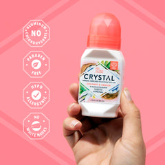 Crystal Essence roll-on packaging shows a neat trio bottle setup for easy shopping.